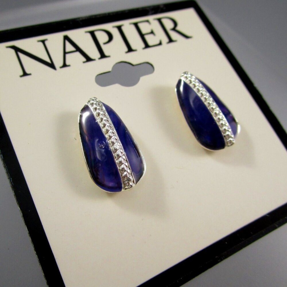 NAPIER Mod/Contemporary Silver Blue Teardrop Shaped Stud Earrings**NEW! - Picture 1 of 2